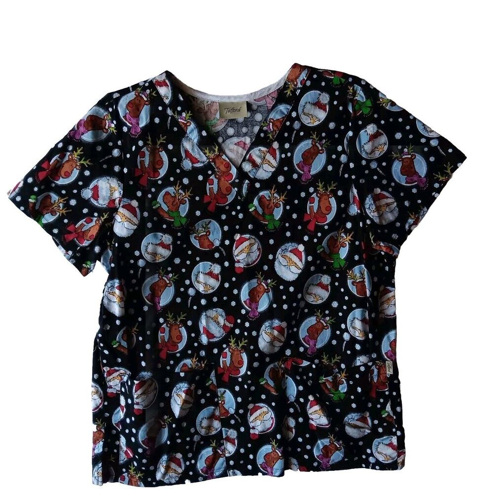 Tafford Scrub Top Christmas Black Women's Santa Claus Reindeers Snow Large